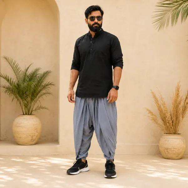 Men's cambric cotton ready-to-wear dhoti with black t-shirt - FitnessWithDhoti