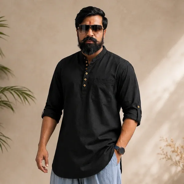 Men's Black Cotton Kurta – Mandarin Collar with Chest Pocket