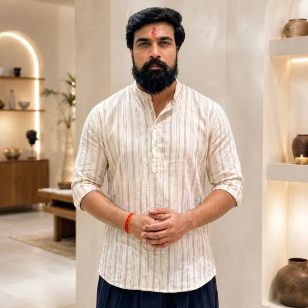 Men's off-white striped cotton kurta front view - FitnessWithDhoti