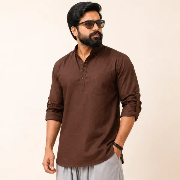 Men's brown cotton kurta front view - FitnessWithDhoti