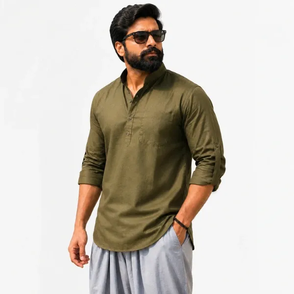 Men's Olive Green Cotton Kurta – Mandarin Collar with Chest Pocket