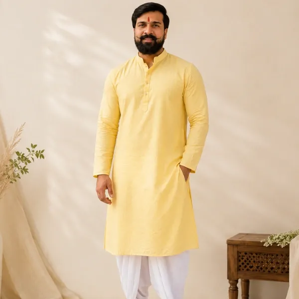 Men's Yellow Cotton Long Kurta – Mandarin Collar