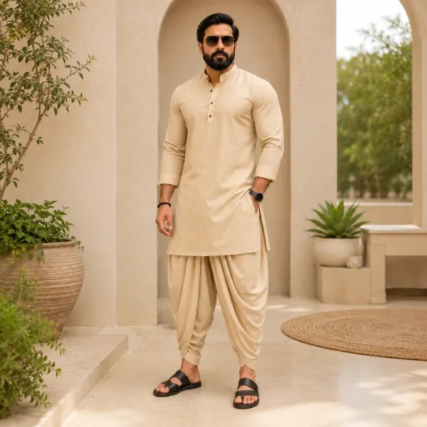 Men's beige cotton kurta dhoti co-ord set front view - FitnessWithDhoti
