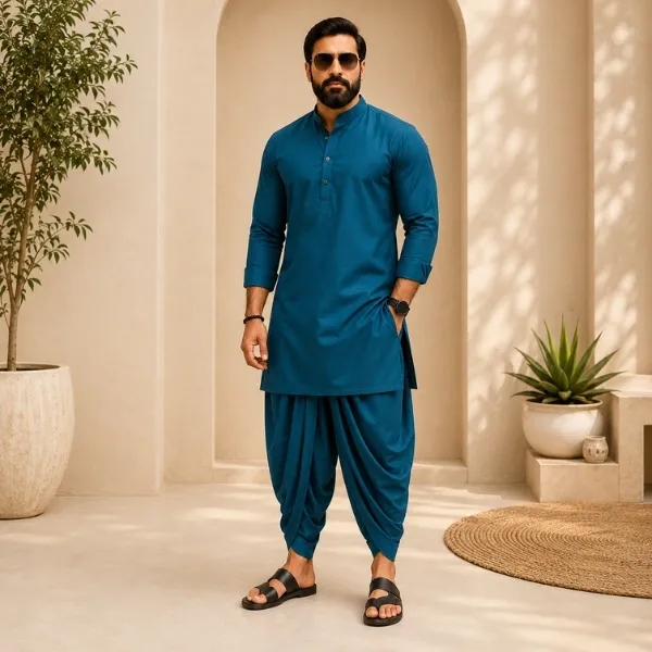 Men's teal cotton kurta dhoti co-ord set front view - FitnessWithDhoti