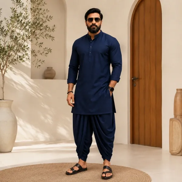 Men's Navy Blue Cotton Kurta & Dhoti Co-ord Set