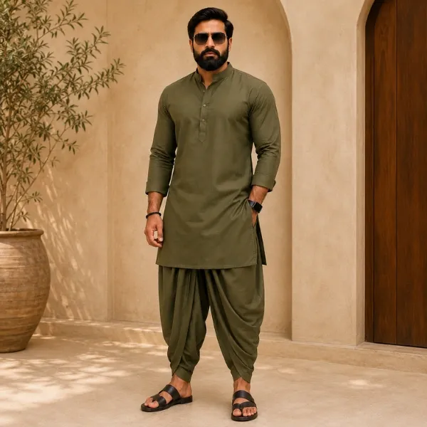 Men's Olive Green Cotton Kurta & Dhoti Co-ord Set