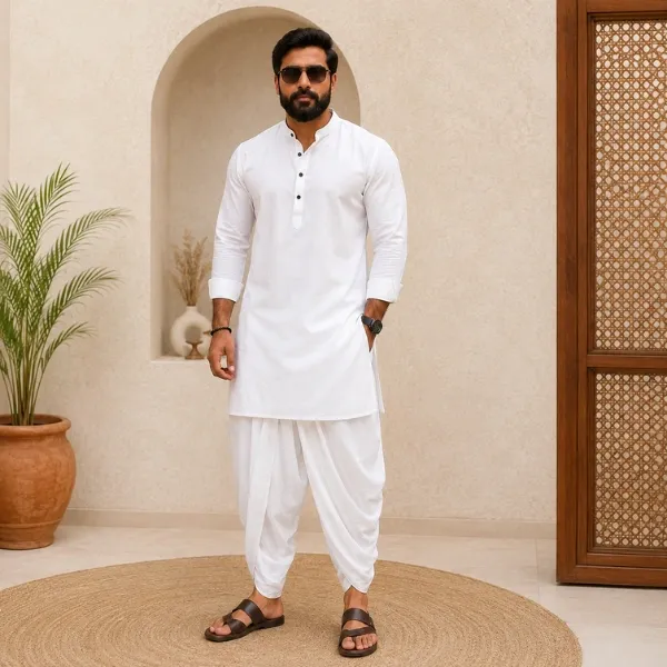 Men's White Cotton Kurta & Dhoti Co-ord Set
