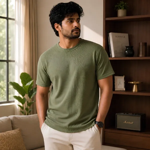 Premium Olive Green Waffle Knit Half Sleeve T-Shirt